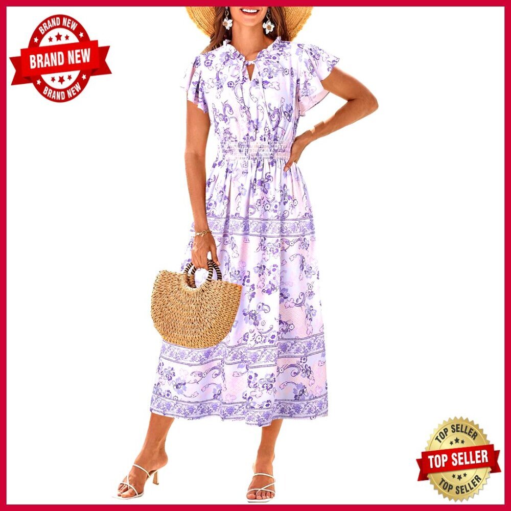 Floral Boho Maxi Dress V-Neck Swing Sundress Summer Beach Wedding Guest
